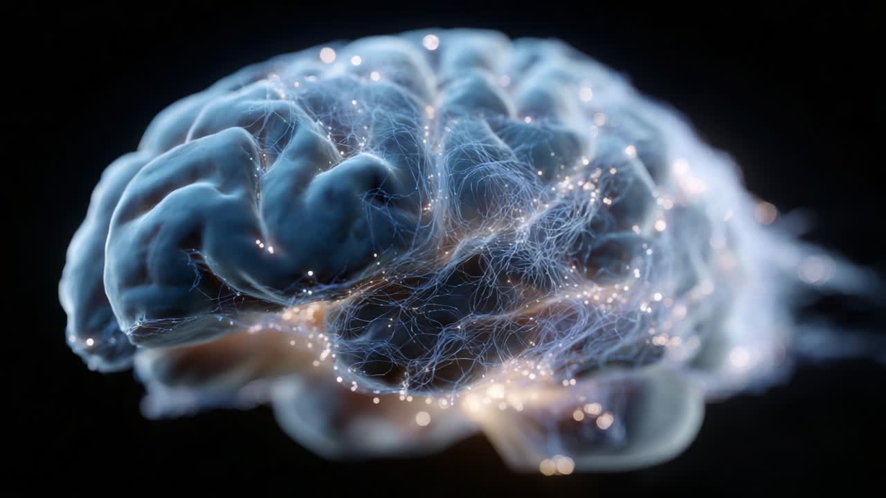 Affascinante rappresentazione visiva del cervello che evidenzia le connessioni neurali e l'attività attraverso strutture luminose simili a fibre in un ambiente buio