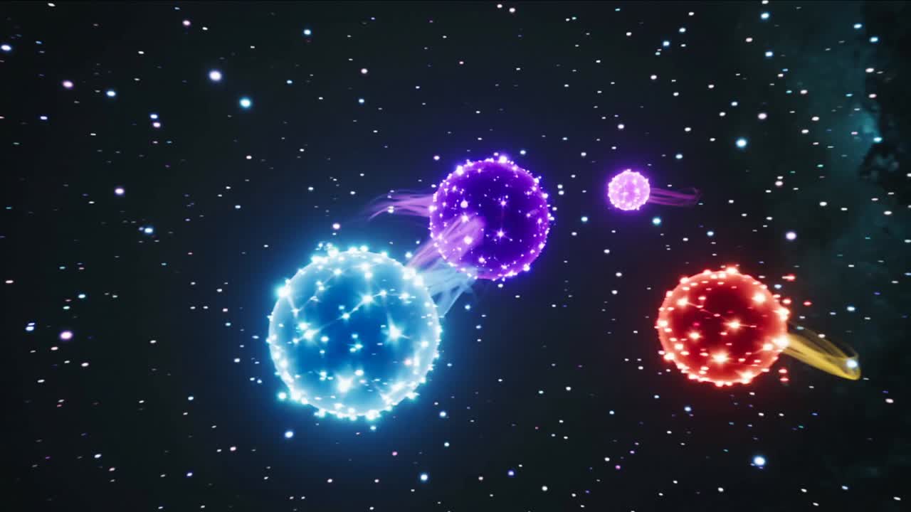 Drifting six glowing orbs drawing into cluster above starfield near spiral galaxy, trailing sparks