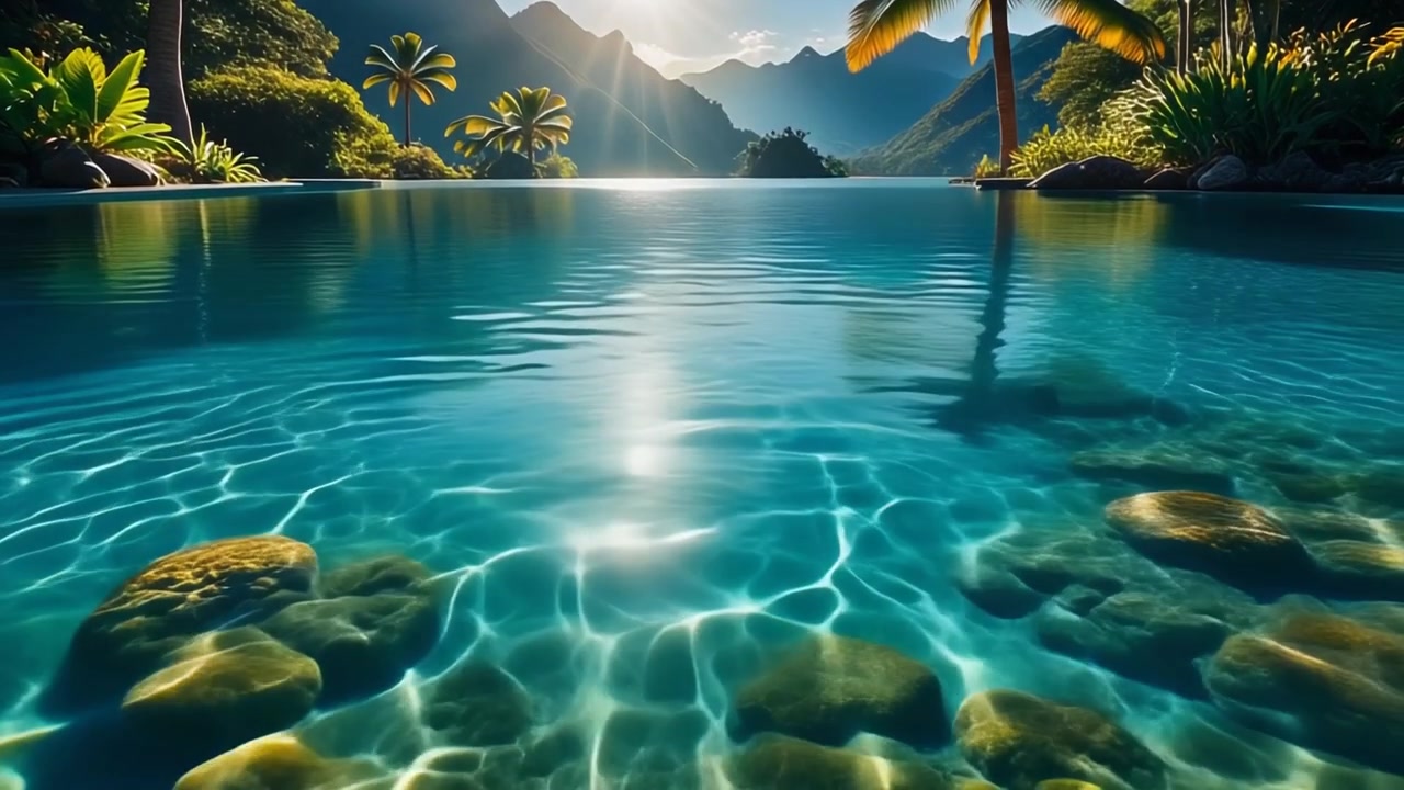 Serena piscina a sfioro con vista su montagne tropicali al tramonto