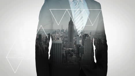 city skyline and geometric shapes overlaying silhouette of businessman in animation