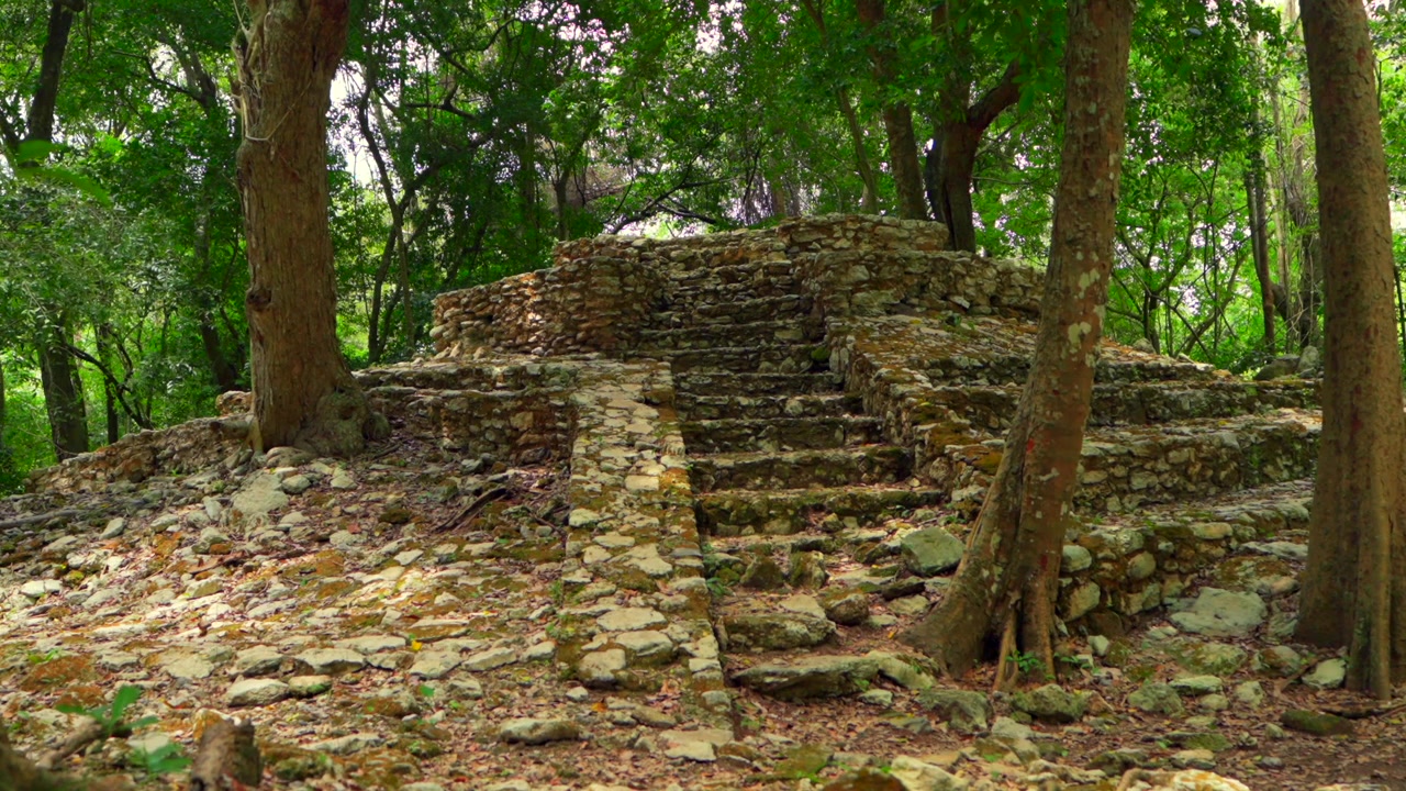 Antica Struttura Maya VI conosciuta come El Caracol, un importante edificio cerimoniale nel sito archeologico di Oxtankah, circondata da una lussureggiante vegetazione della giungla