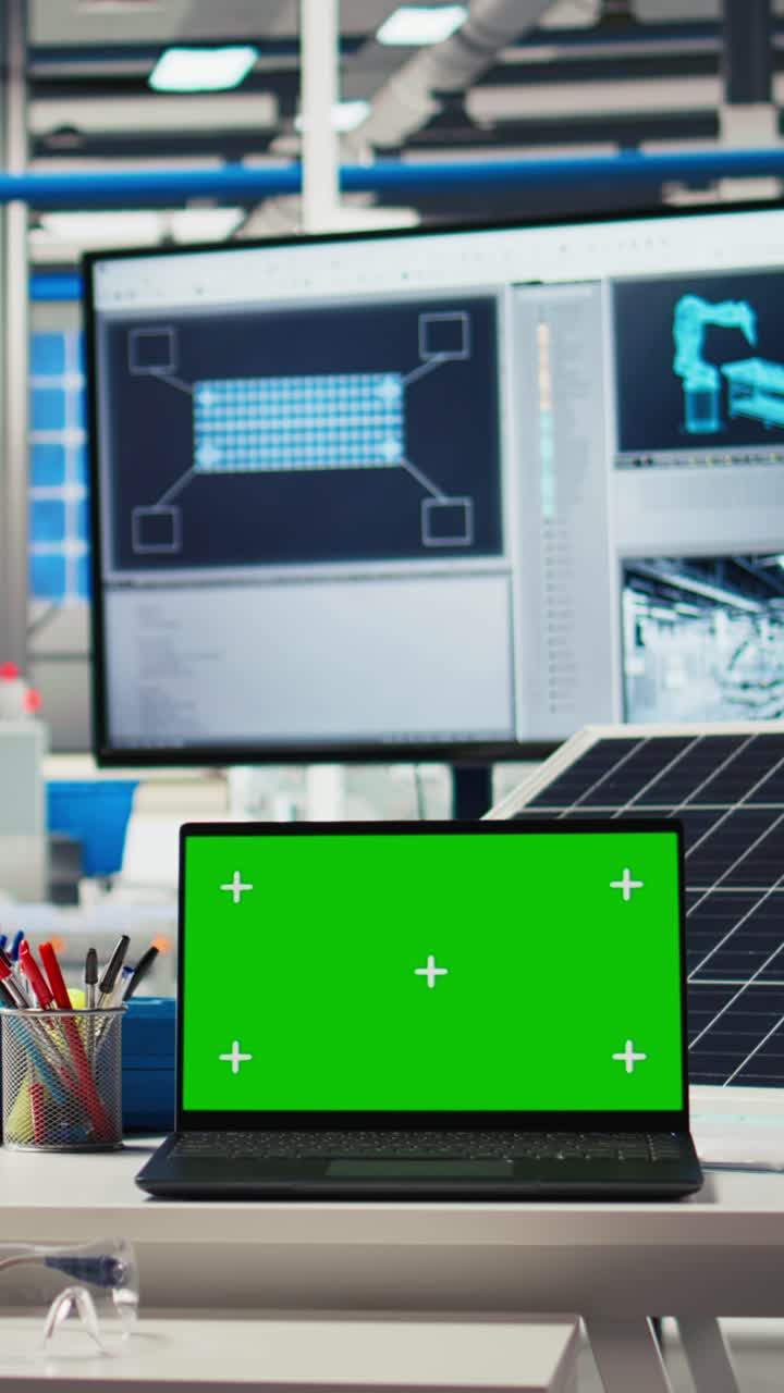 Video verticale: Laptop con schermo verde in un impianto fotovoltaico utilizzato per l'analisi dei dati