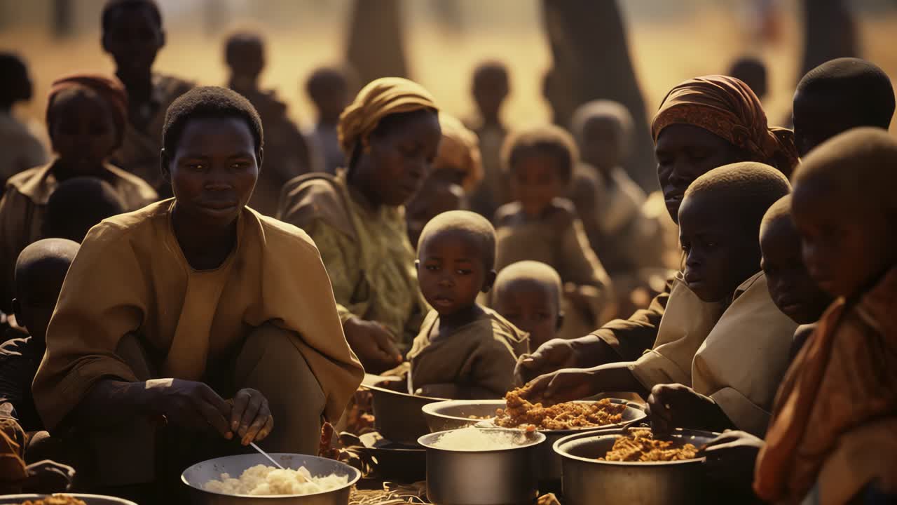 Mothers gathering with children around communal pots, sharing simple meal in traditional african village, highlighting family unity and community resilience amid challenging living conditions