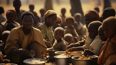mothers gathering with children around communal pots, sharing simple meal in traditional african village, highlighting family unity and community resilience amid challenging living conditions