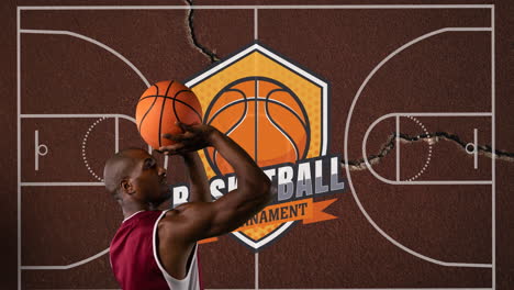 animation of basketball player with ball over basketball court background