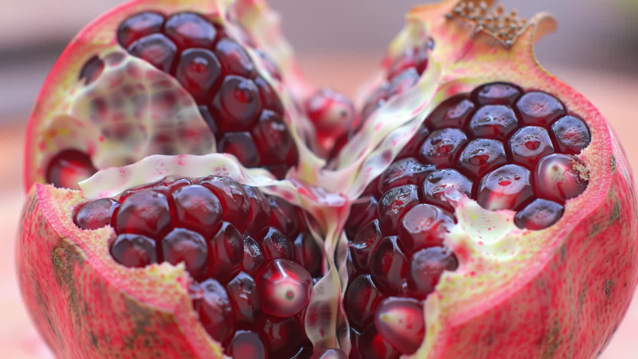 A Close-Up View of a Split Pomegranate Revealing Juicy, Glossy Seeds Encased in a Transparent Membrane, Showcasing Nature's Vibrant Red Colors