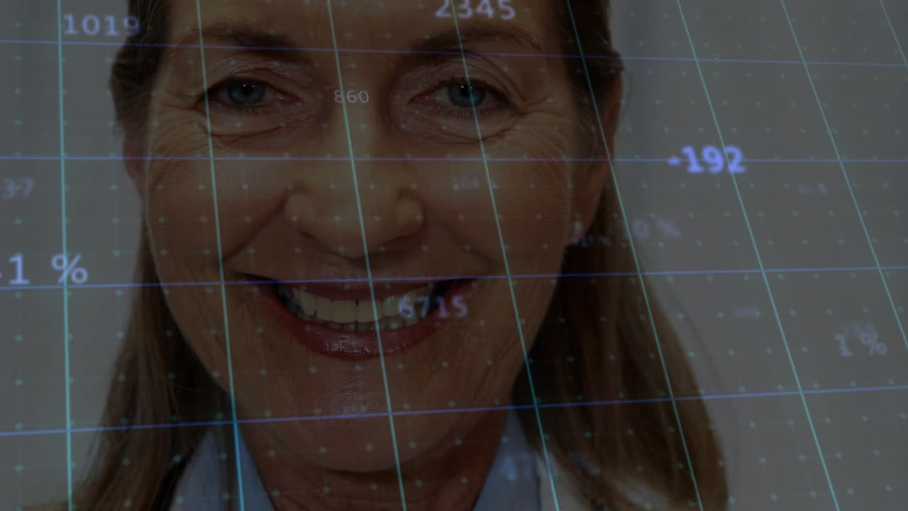 Doctor smiling as camera panning upward, animated data grid updating for tracking health metrics