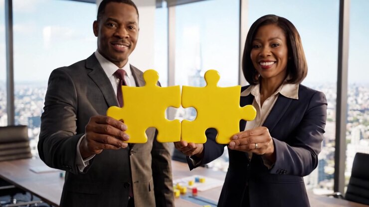 Dynamic Professional Duo Holding Puzzle Pieces in a Modern Office Setting Symbolizing Collaboration and Problem Solving in a Corporate Environment