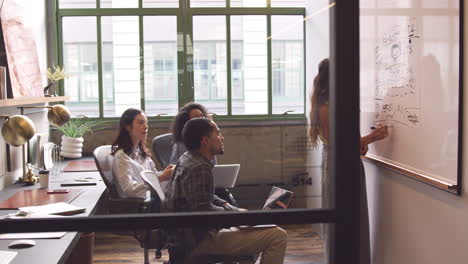 cuatro colegas de negocios creativos haciendo una lluvia de ideas en una oficina