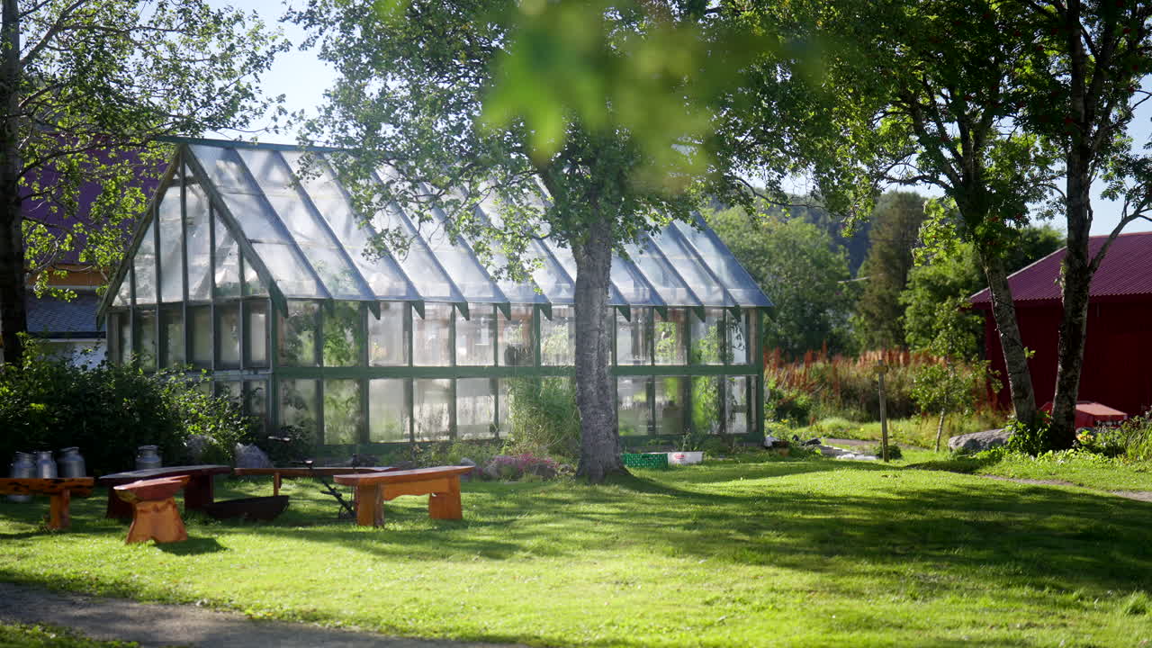 Glass greenhouse in a leafy garden setting, sun‑lit and tranquil — perfect for botanical, lifestyle or eco‑living visuals