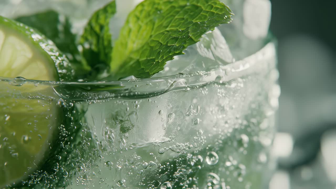 Tiny bubbles rising in a glass of mojito cocktail with lime, mint and ice cubes, creating a refreshing and thirst quenching visual experience