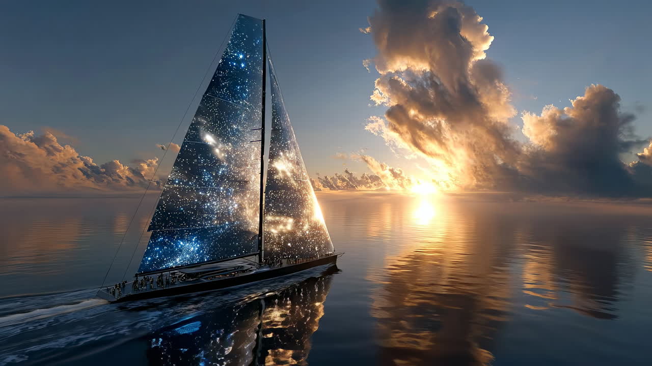 Sailing under a glowing sky at sunset. A sailboat glides smoothly over calm waters as vibrant colors fill the sky during sunset, creating a magical scene
