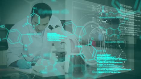 Animation of data processing and chemical formulas over biracial male lab worker