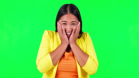 Green-screen,-wow-and-hands-on-woman-face