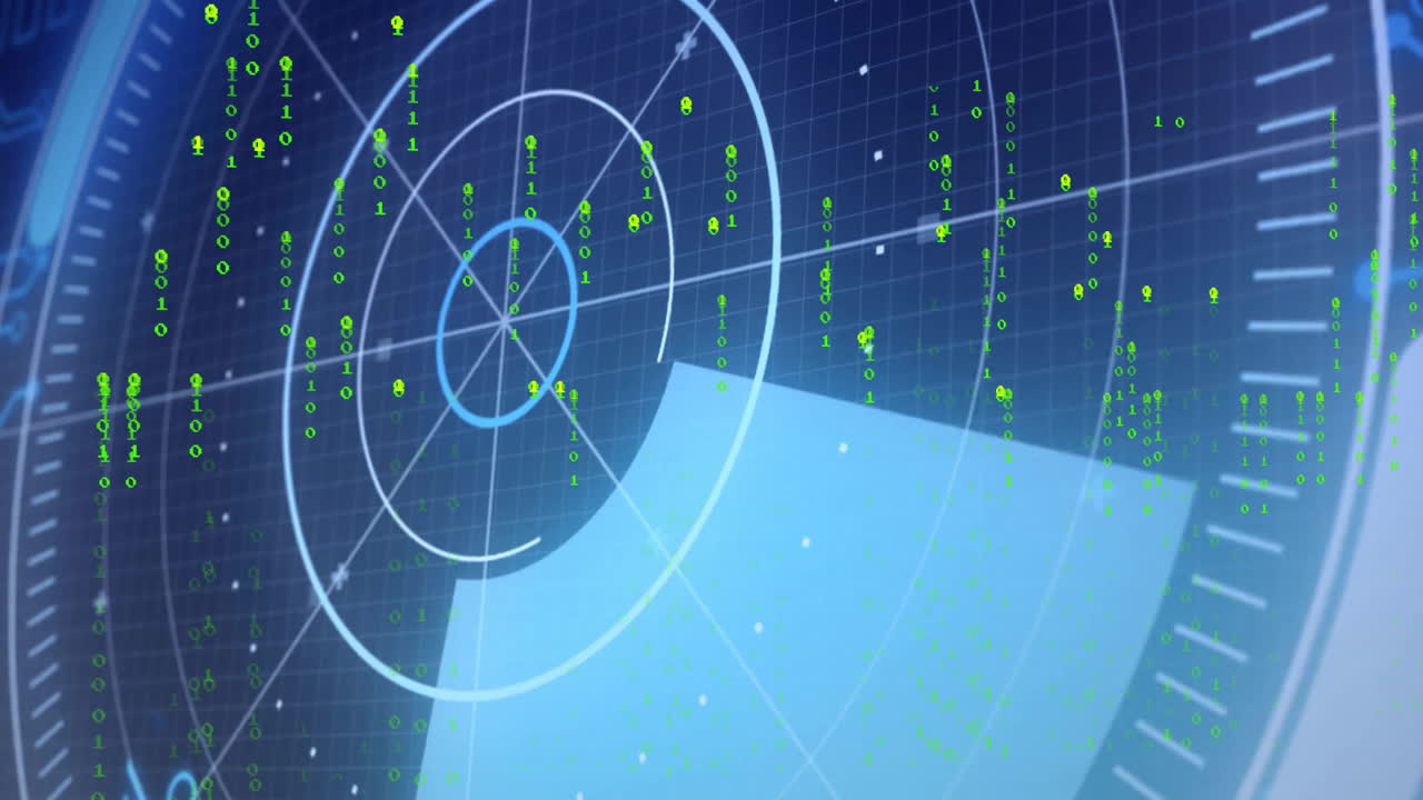 Displaying circular grid, radar screen with green data points and animation lines