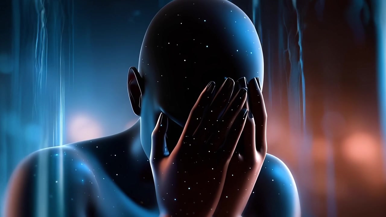 Figura umana digitale astratta che si copre il viso in una luce blu brillante