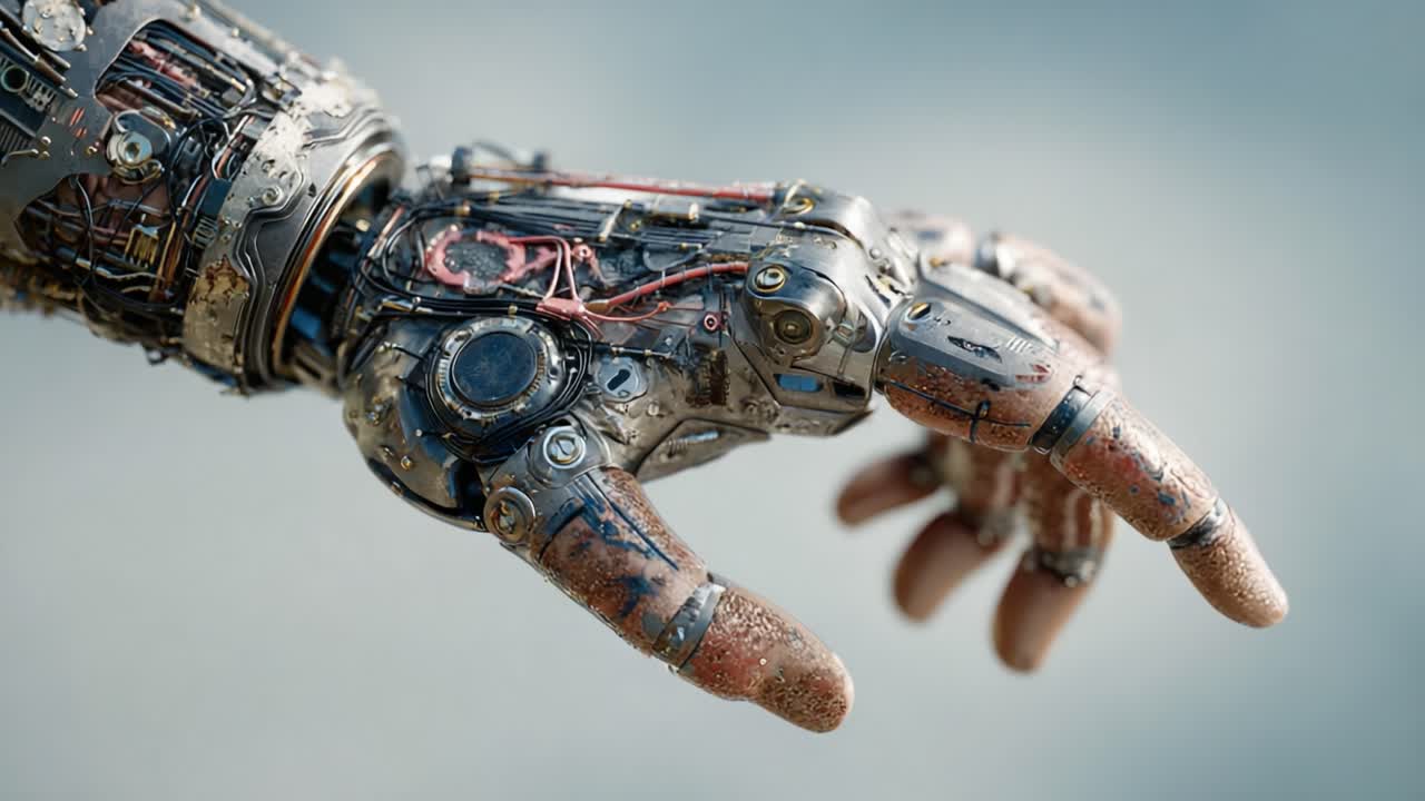 A Detailed Close-Up of a Highly Advanced Robotic Hand Showcasing Intricate Mechanisms and Textures in a Futuristic Setting