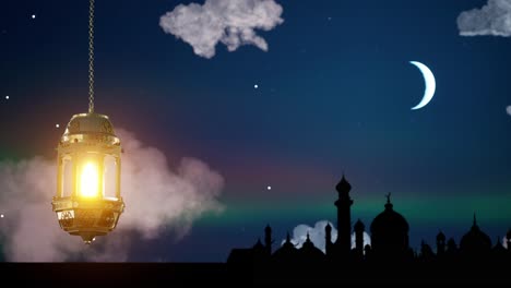 4k eid mubarak diseño islámico colgando linterna de vela de ramadán y mezquita, animación de fondo abstracta. eid muborak concepto de diseño islámico con ramadán. celebración religiosa de la fiesta musulmana asiática