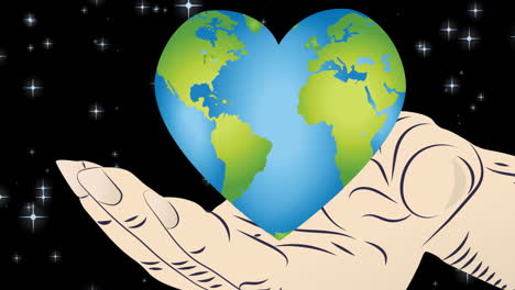 animation of hand holding heart shaped globe over night sky