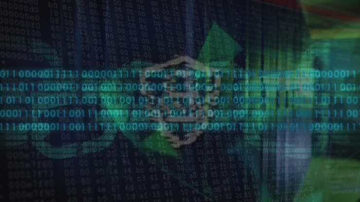Animation of padlock and data processing over server room