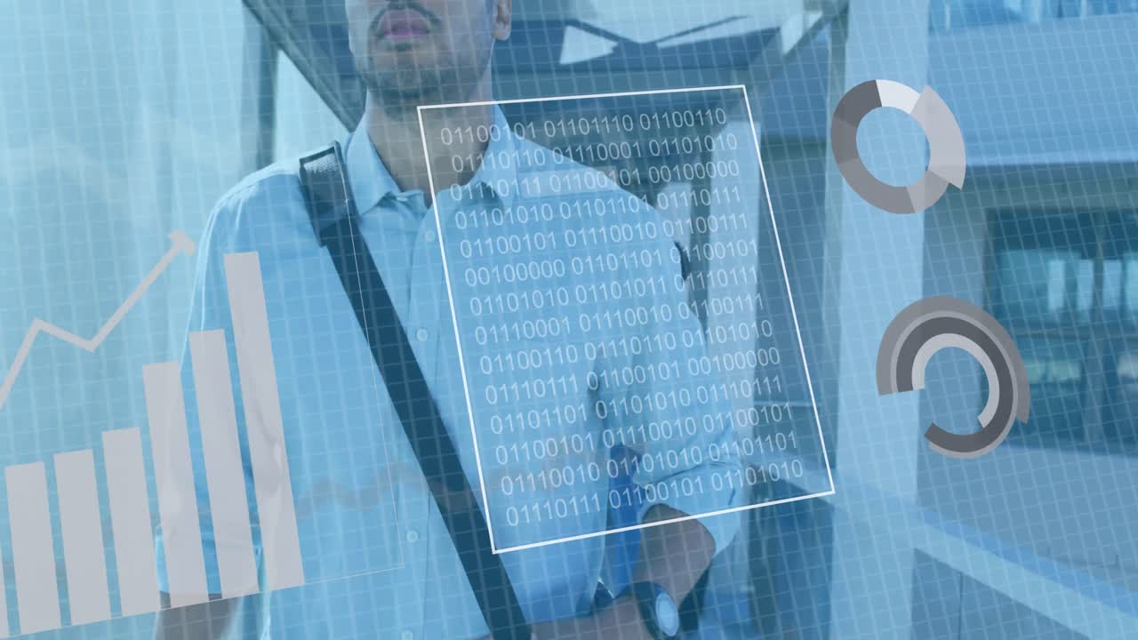 animación de la interfaz con el procesamiento de datos estadísticos sobre un hombre biracial caminando por el pasillo de la oficina