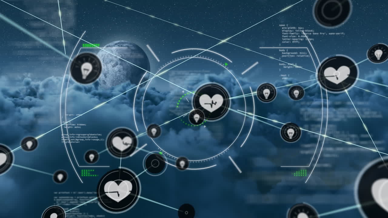 스 스캐닝을 통해 의료 심장 아이콘과 연결 네트워크의 애니메이션