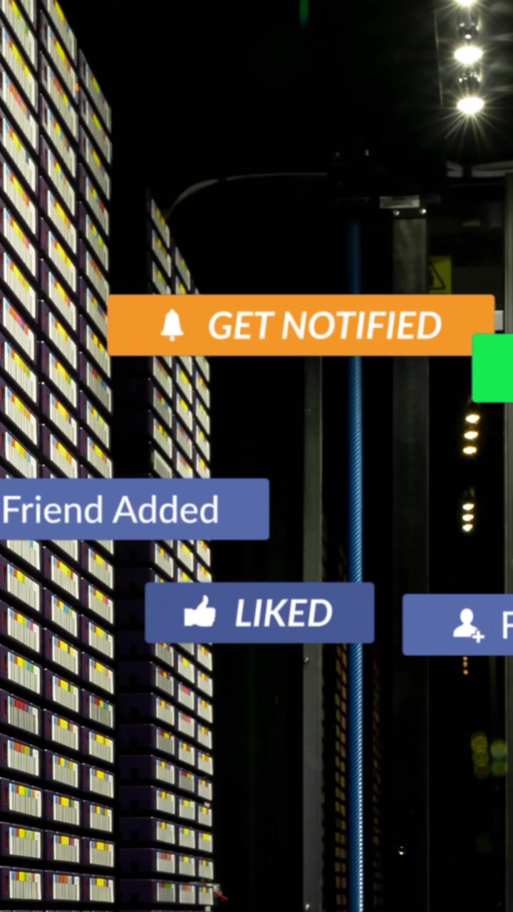 Animazione di icone di notifica su rack di server dati