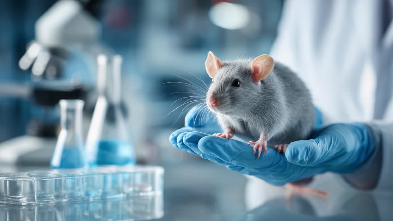 Esplorazione scientifica: un ricercatore tiene in mano un topo da laboratorio con un guanto, tra attrezzature scientifiche e vetreria in un moderno ambiente di laboratorio