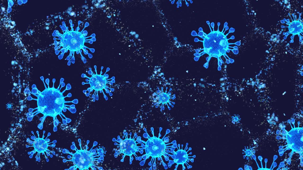 코로나 바이러스 세포 코비드-19 감염병: 질병의 빠른 전염, 코로나바이러스의 높은 농도, 3d 렌더링 루프 4k