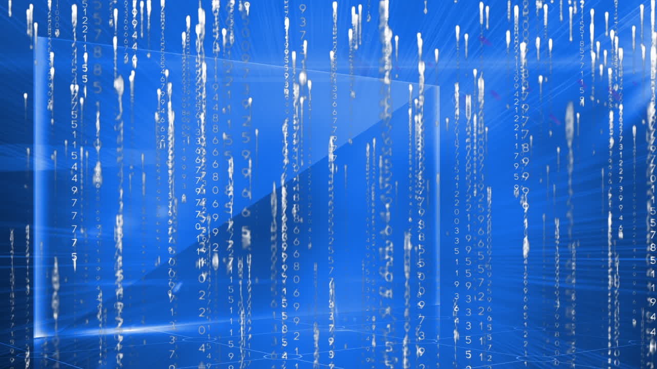 파란색 배경에 떨어지는 빛의 흔적에 대한 바이너리 코딩 데이터 처리의 디지털 애니메이션