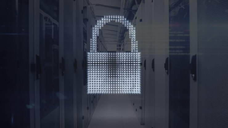 Animation of cloud, security padlock and shield icon against computer server room
