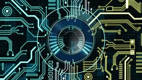 Animation-of-a-circle-spinning-over-blue-and-yellow-microprocessor-connections