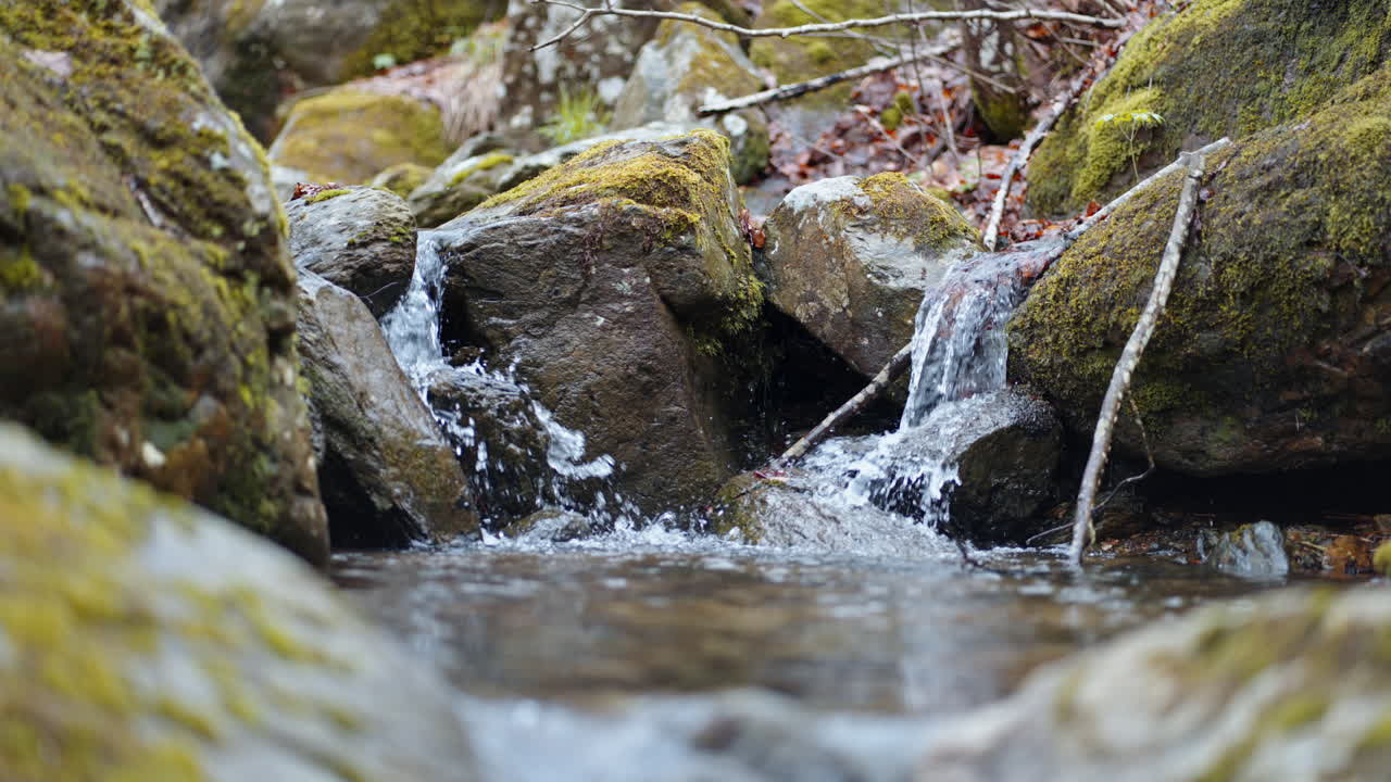 Small waterfall flowing between mossy rocks in a peaceful forest during autumn
