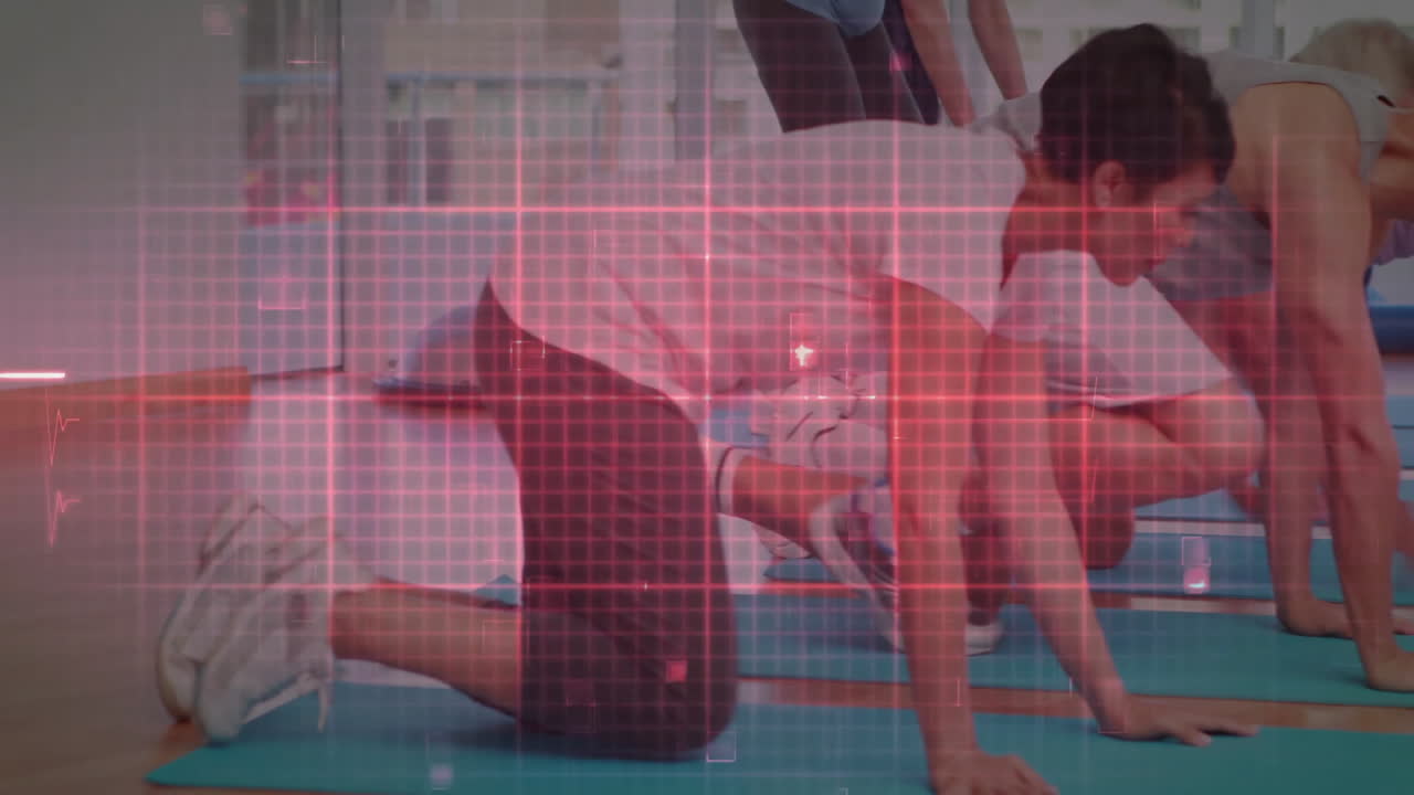 체육관에서 운동하는 다양한 사람들의 데이터 처리의 애니메이션