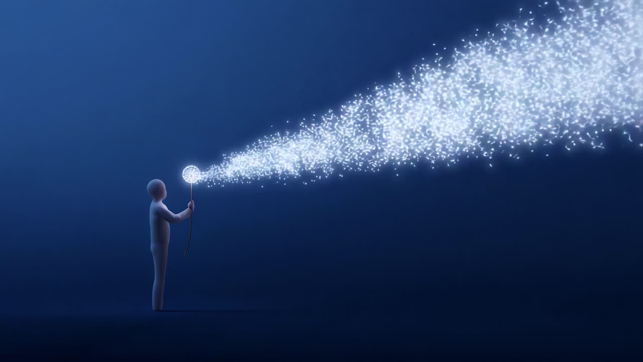 A solitary figure stands in a darkened space, wielding a luminous object that emits a mesmerizing stream of sparkling particles, transforming the ambiance and creating an ethereal atmosphere filled with light