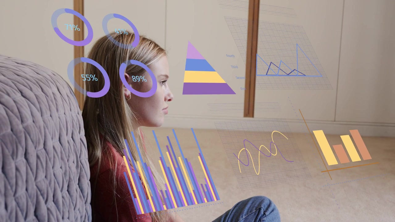 Woman sitting, on start rings and bars appearing in front of her, moving right visualizing data