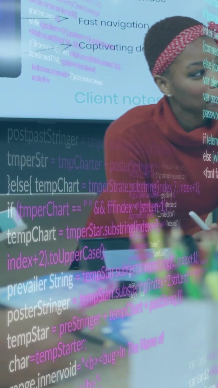 Vertical video: Hands tapping tablet, moving code overlay around woman leaning and talking design