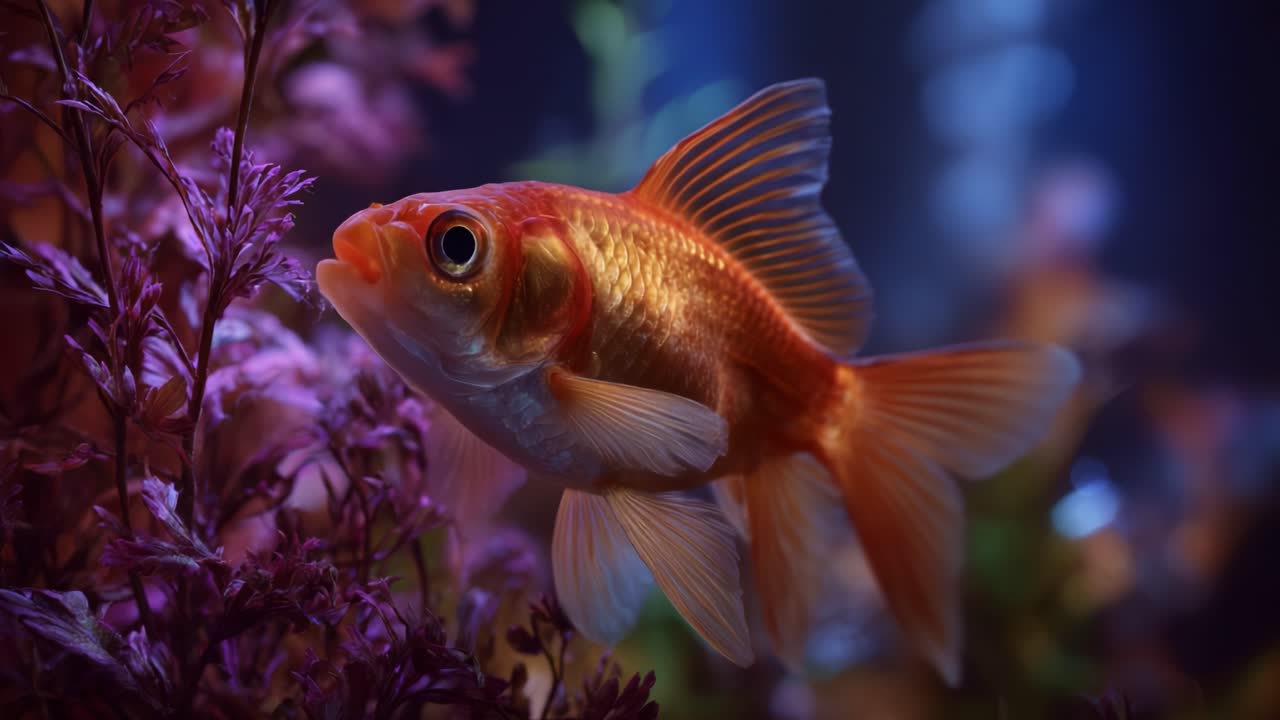 Peixinho dourado nadando graciosamente em um ambiente aquático vibrante, cercado por plantas coloridas e bolhas em um aquário bem cuidado