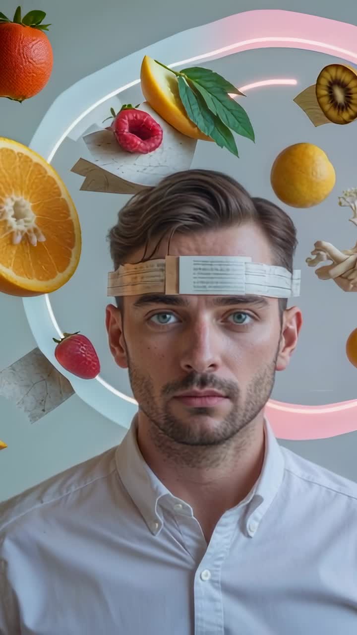 Vertical video: Fruit slices orbiting neon ring around model wearing paper strips in studio