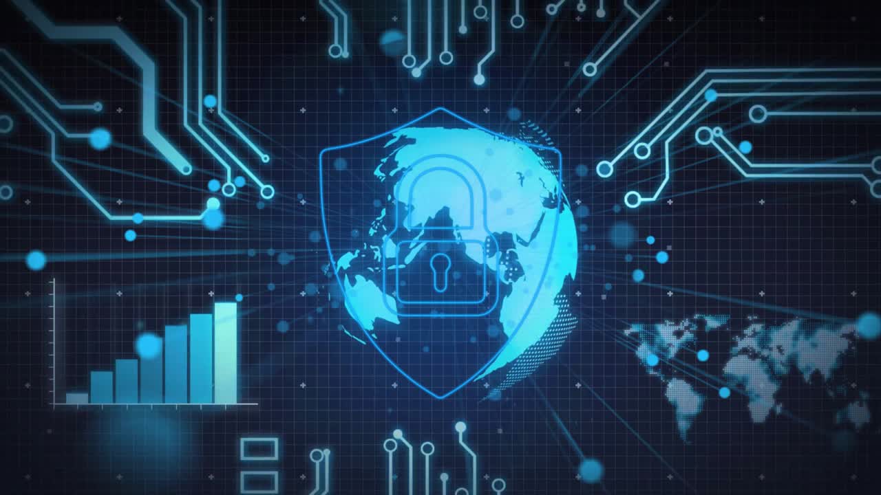 Drifting data starting globe rotating chart rising padlock and shield forming representing security