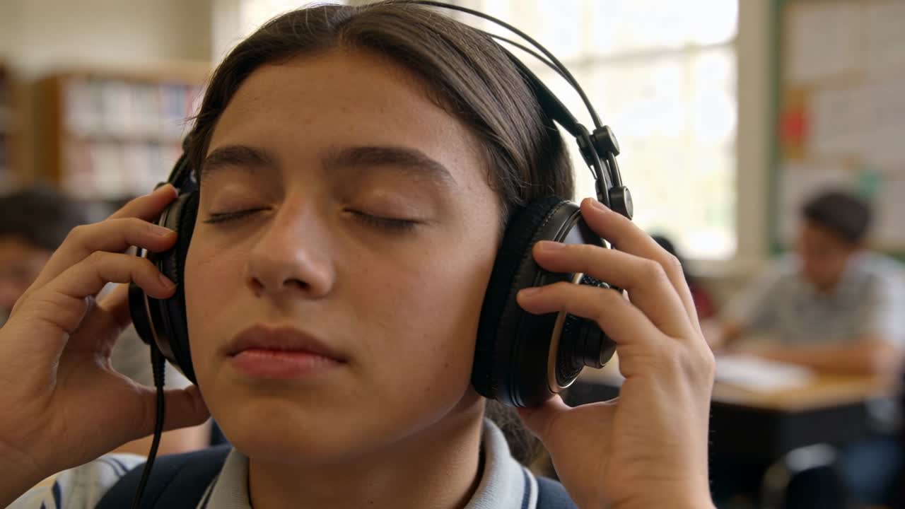 Latinamerikansk ungdom justerer og plasserer kablet hodesett på ørene i klassen, fokuserer, sekkestropper, blå skjorte.