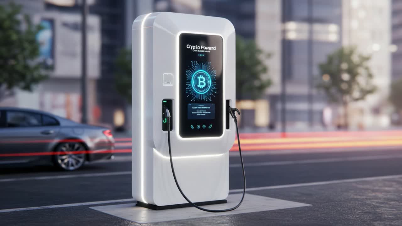 High-Tech Electric Vehicle Charging Station with Cryptocurrency Payment Option in a Modern Cityscape, Showcasing Innovative Energy Solutions and Future Mobility