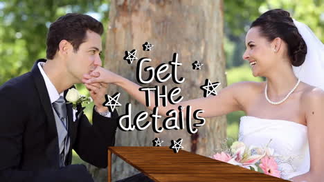 bride and groom smiling, get details text animation with stars over them