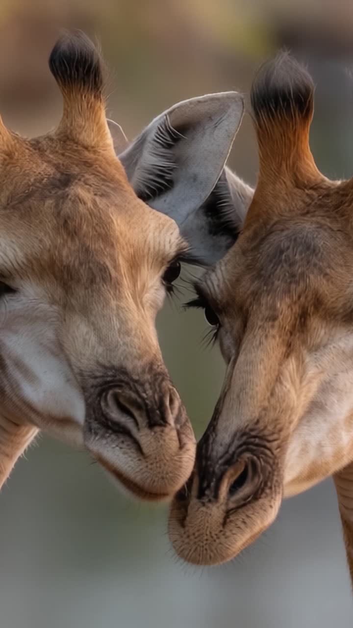 A Heartwarming Encounter: Two Giraffes Intimately Engaging in a Tender Moment Emphasizing Their Unique Bond and Connection Under the Soft Glow of Natural Light