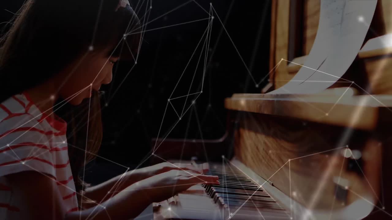 Animation of a girl playing a piano over a web of connected dots in the background