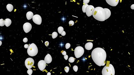 animation of confetti falling and white balloons flying on black background