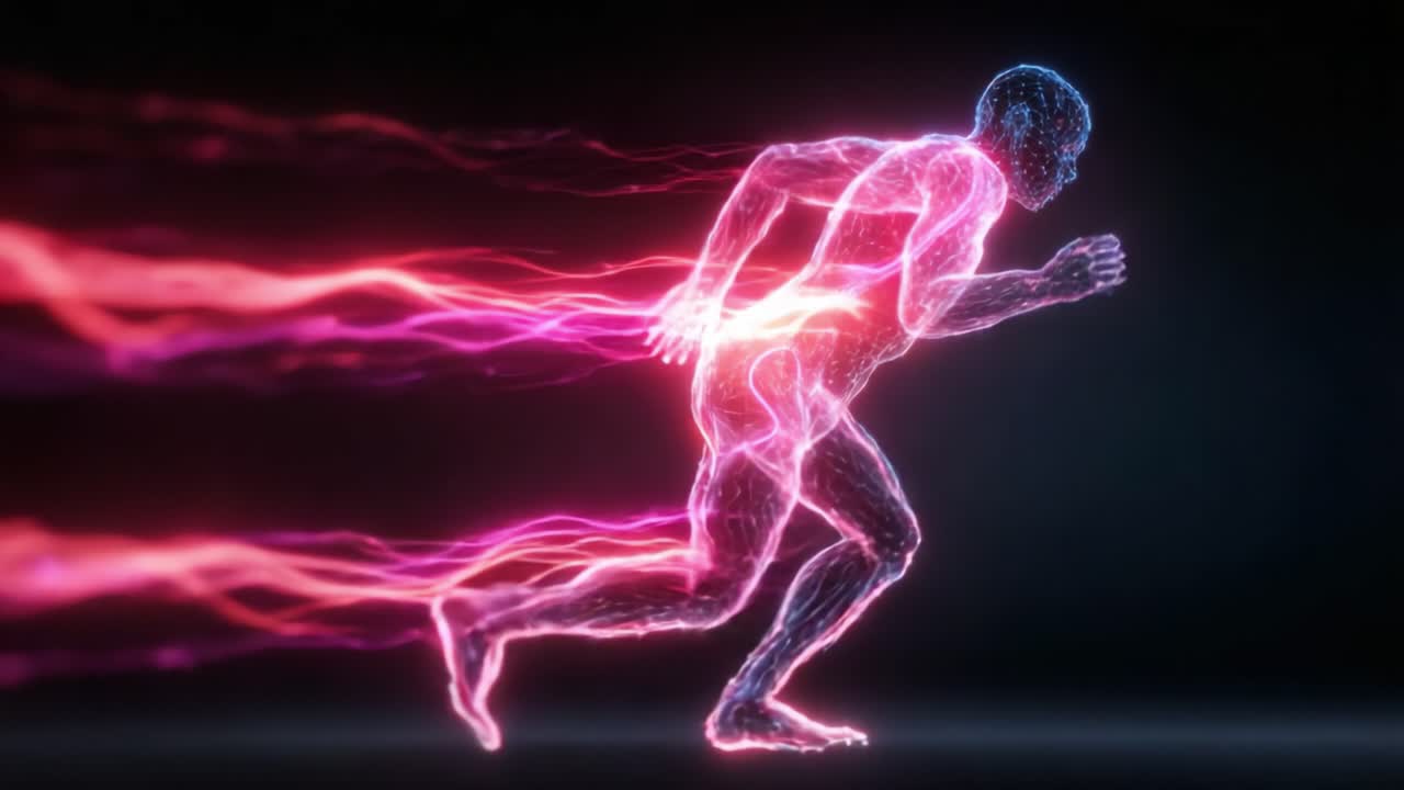 Dynamic Representation of a Futuristic Runner in Motion, Highlighting the Flow of Energy and Speed Through Vibrant Light Trails Against a Dark Background
