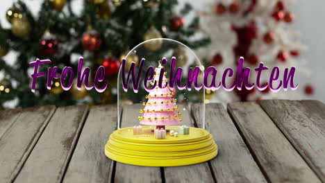 animation of frohe wihnachten text over snow globe with christmas tree