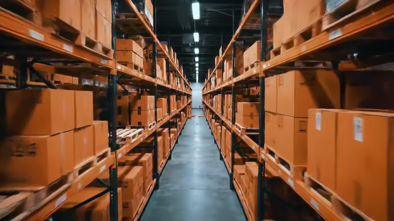 A walkthrough of a spacious warehouse in a bustling storage facility, showcasing rows of yellow boxes neatly organized on shelves. The lighting emphasizes the industrial environment.