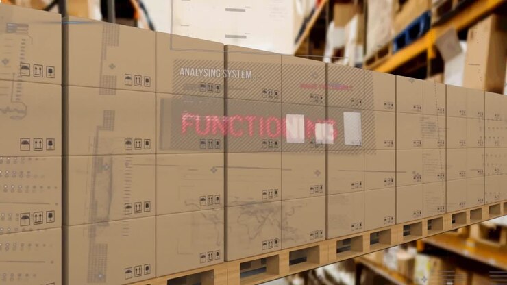 Animation of data processing over cardboard boxes on conveyor belt